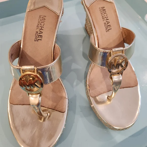 Michael Kors Gold Espadrilles. Gold Wedge heel slip on dress sandals. - Picture 7 of 11